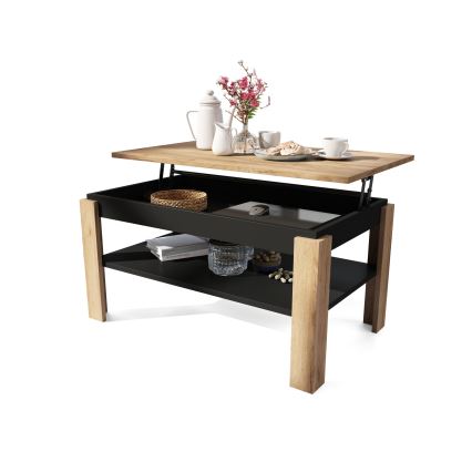 Opvouwbare salontafel met hefdak met plank ADEN eiken/zwart