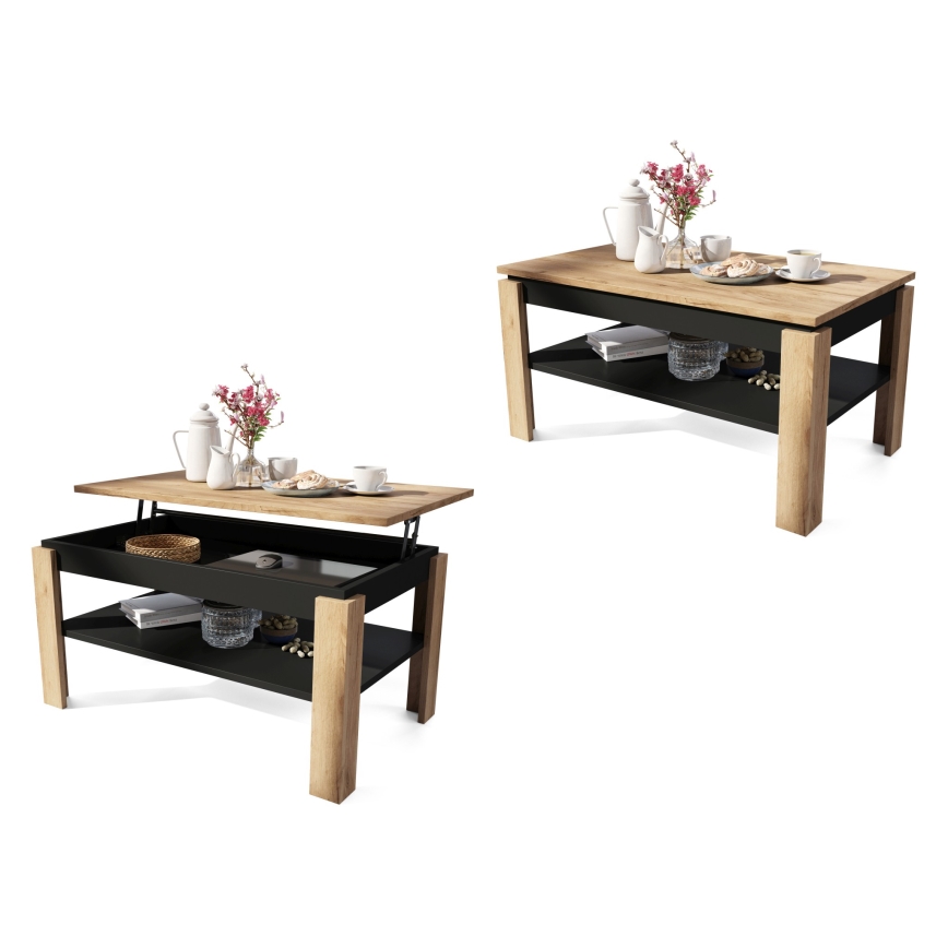Opvouwbare salontafel met hefdak met plank ADEN eiken/zwart