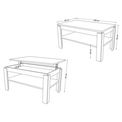 Opvouwbare salontafel met hefdak met plank ADEN eiken/zwart