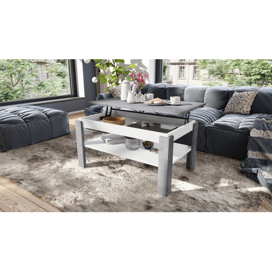 Opvouwbare salontafel met hefdak met plank ADEN grijs/wit