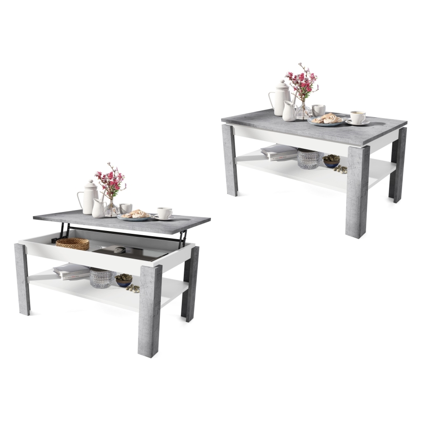 Opvouwbare salontafel met hefdak met plank ADEN grijs/wit