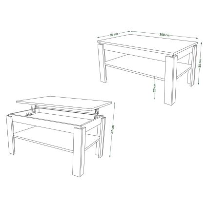 Opvouwbare salontafel met hefdak met plank ADEN grijs/wit