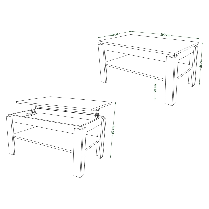 Opvouwbare salontafel met hefdak met plank ADEN grijs/wit