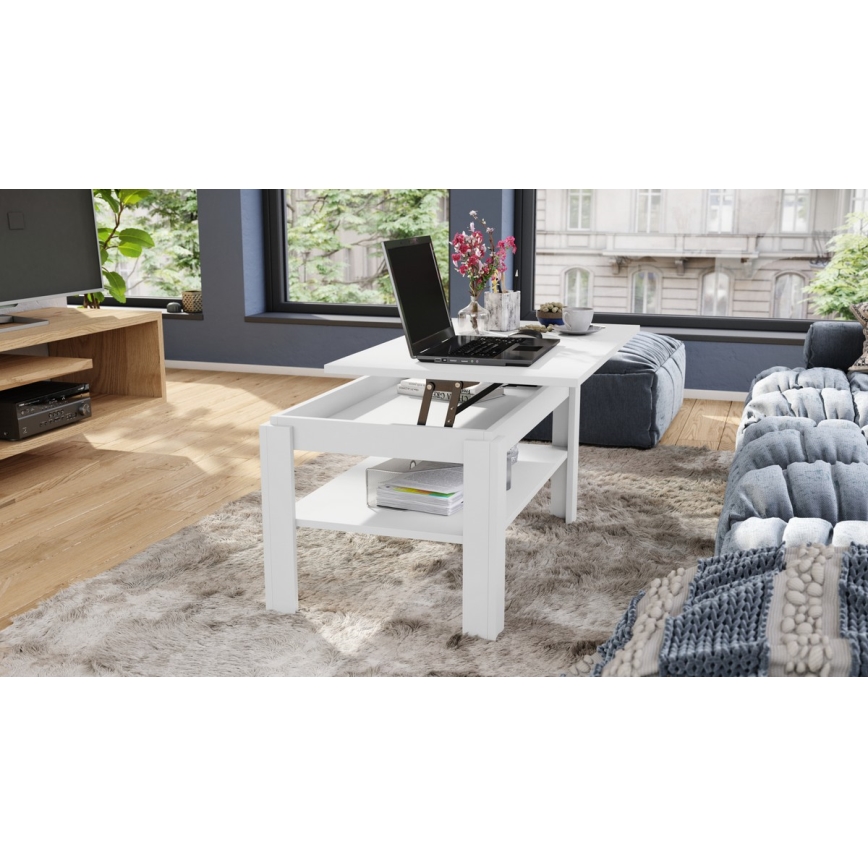 Opvouwbare salontafel met hefdak met plank ADEN wit
