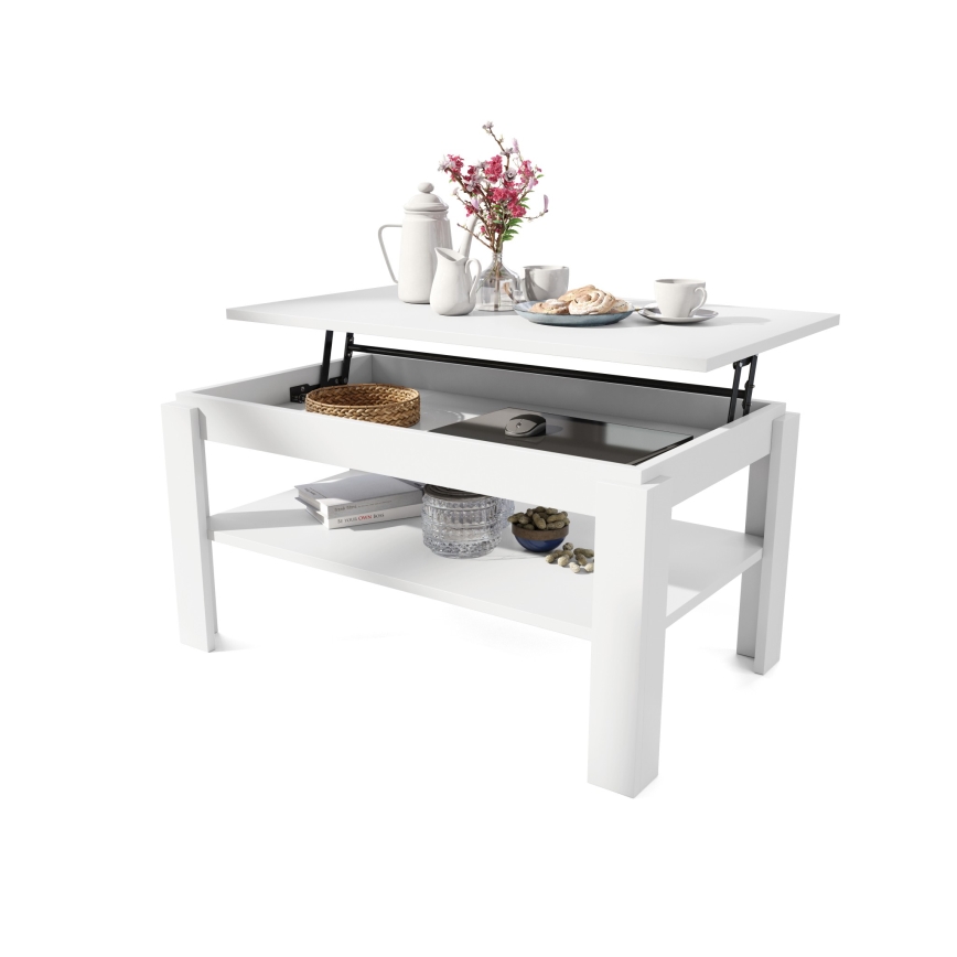 Opvouwbare salontafel met hefdak met plank ADEN wit
