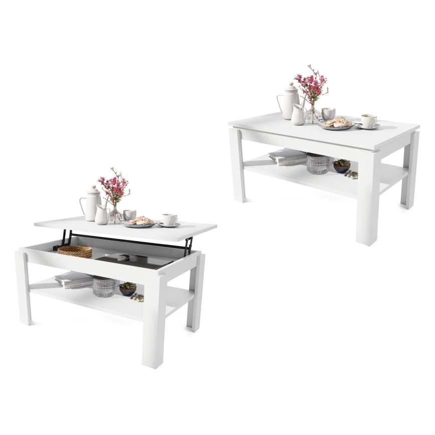 Opvouwbare salontafel met hefdak met plank ADEN wit