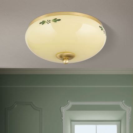 Plafondlamp LANDHAUS 2xE27/60W/230V diameter 28 cm messing/beige