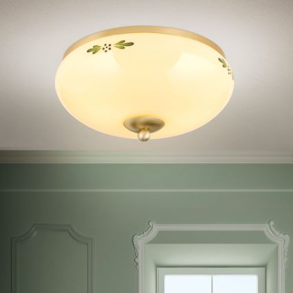 Plafondlamp LANDHAUS 2xE27/60W/230V Ø 28 cm messing/beige/groen