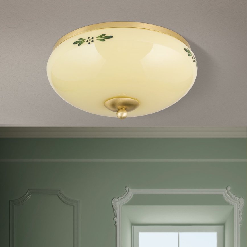 Plafondlamp LANDHAUS 2xE27/60W/230V Ø 28 cm messing/beige/groen