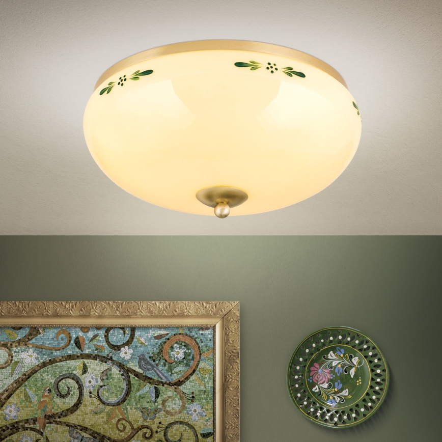 Plafondlamp LANDHAUS 3xE27/60W/230V Ø 35 cm messing/beige/groen