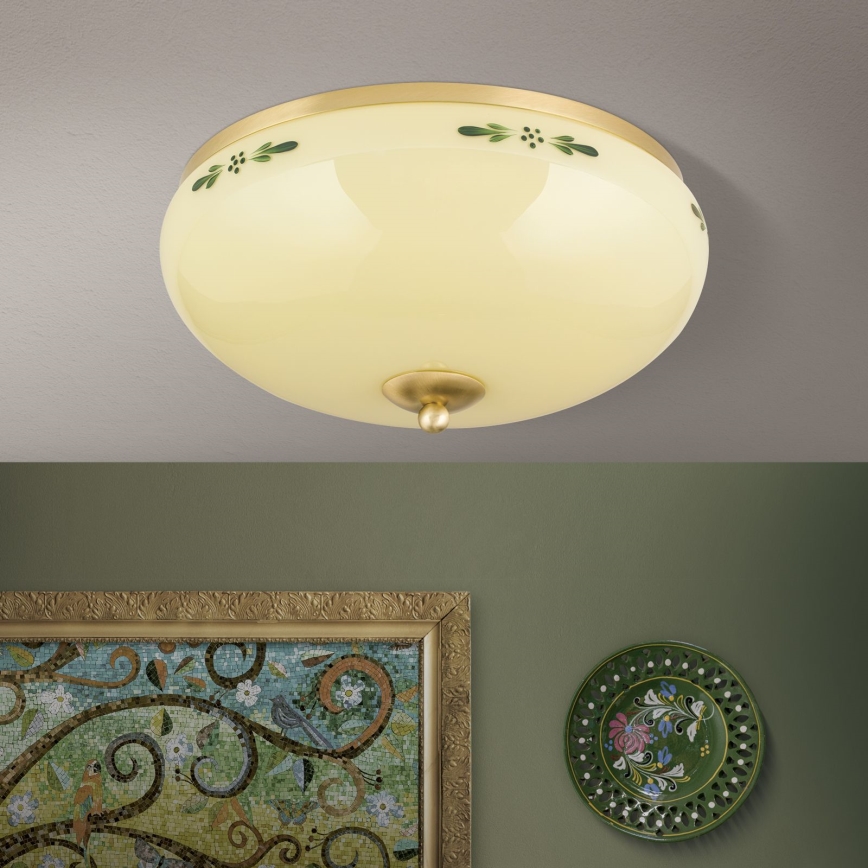 Plafondlamp LANDHAUS 3xE27/60W/230V Ø 35 cm messing/beige/groen