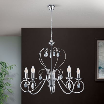Kristallen hanglamp aan een ketting ALESSIA 5xE14/40W/230V glanzend chroom