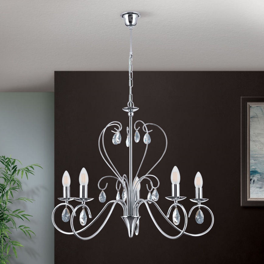 Kristallen hanglamp aan een ketting ALESSIA 5xE14/40W/230V glanzend chroom