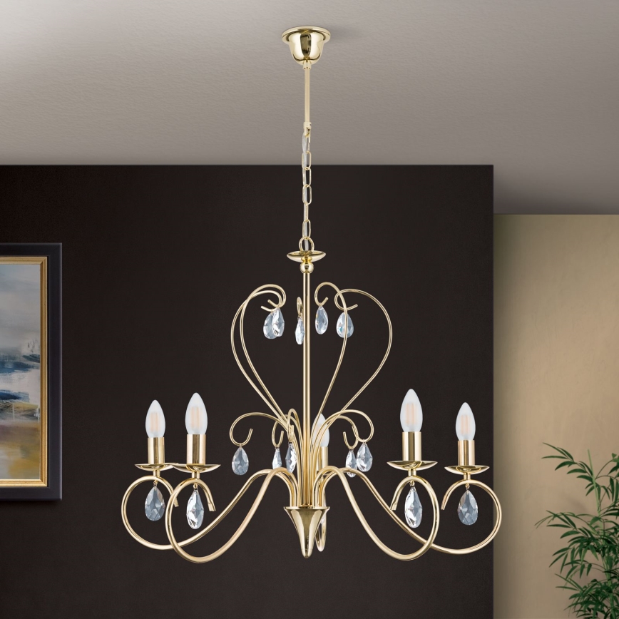Kristallen hanglamp aan een ketting ALESSIA 5xE14/40W/230V goud