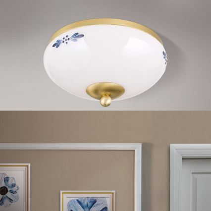Plafondlamp LANDHAUS 1xE27/60W/230V Ø 21 cm messing/wit/blauw