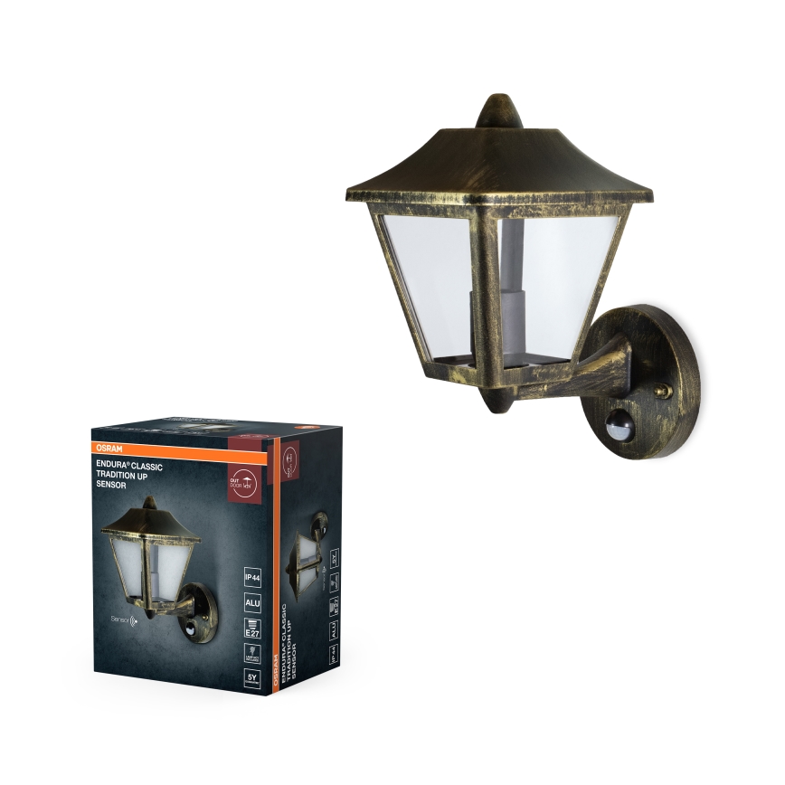 Osram - Buitenwandlamp met sensor TRADITION UP 1xE27/60W/230V IP44 patina/goud