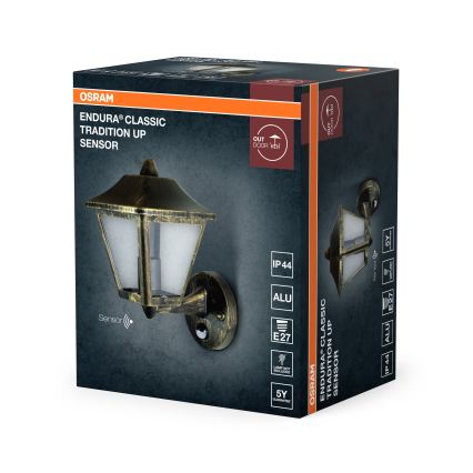 Osram - Buitenwandlamp met sensor TRADITION UP 1xE27/60W/230V IP44 patina/goud