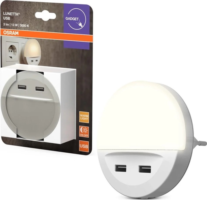 Osram - LED-nachtlamp met sensor voor in het stopcontact LUNETTA 2xUSB LED/13W/230V