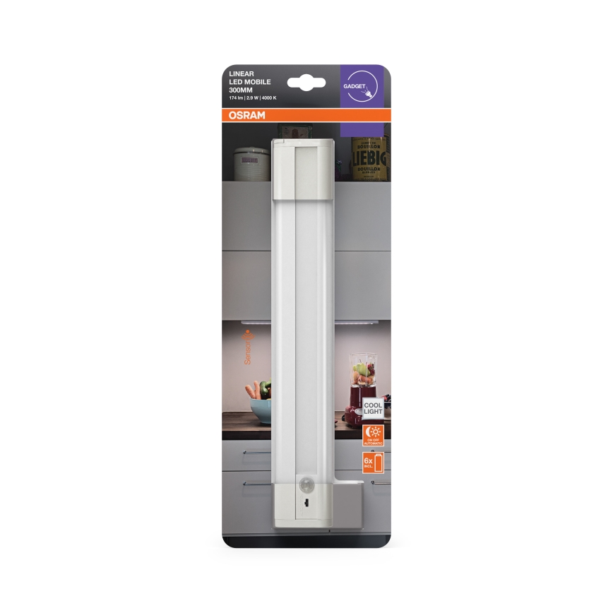 Osram - LED-onderbouwarmatuur met bewegings- en schemersensor LINEARLED LED/2,9W/9V 6xAA 4000K 31,4 cm wit