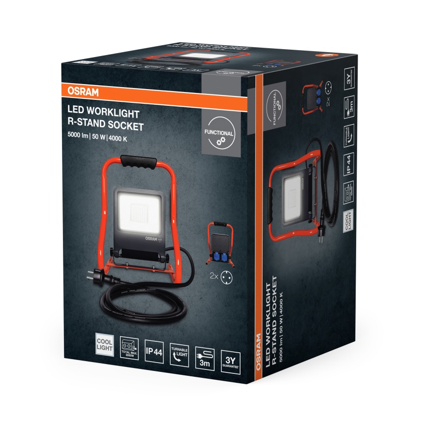 Osram - LED-schijnwerper met beugel en stopcontacten R-STAND LED/50W/230V 4000K IP44 oranje/antraciet