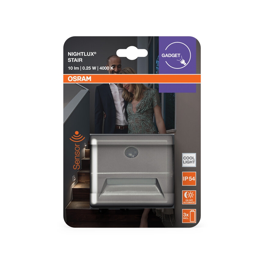Osram - LED trapverlichting met sensor NIGHTLUX LED/0,25W/3xAAA IP54 zilver