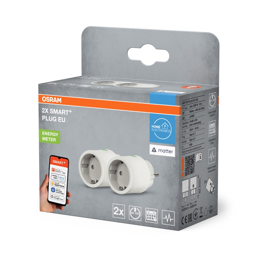 Osram - Set van 2 slimme stekkers SMART+ MATTER SCHUKO 2300W/230V/10A Wi‑Fi wit