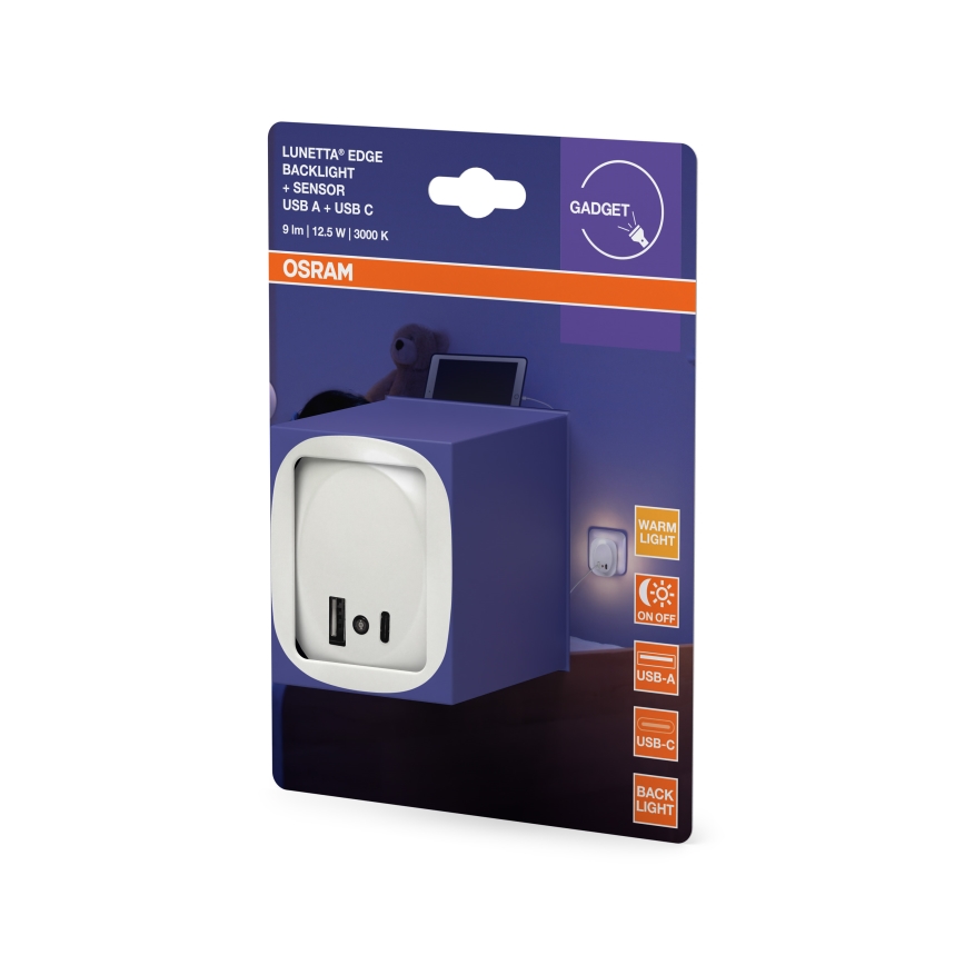 Osram - Veilleuse LED à brancher sur prise avec capteur et port USB LUNETTA LED/12,5W/230V blanche