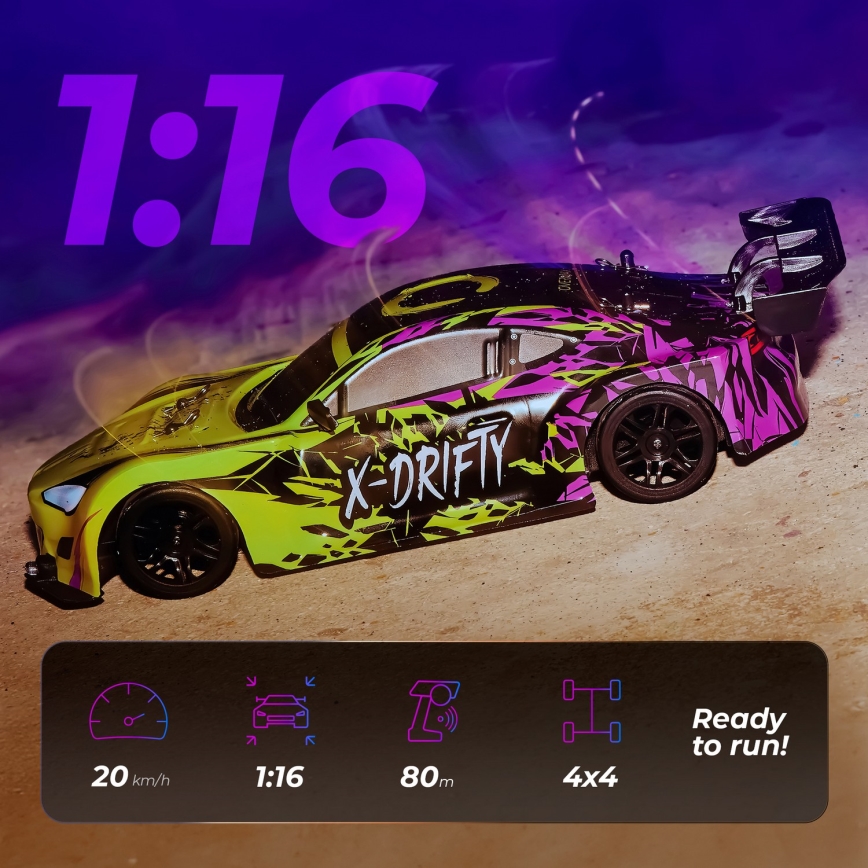 Overmax - RC-driftauto met afstandsbediening X-DRIFT 1000 mAh geel/paars
