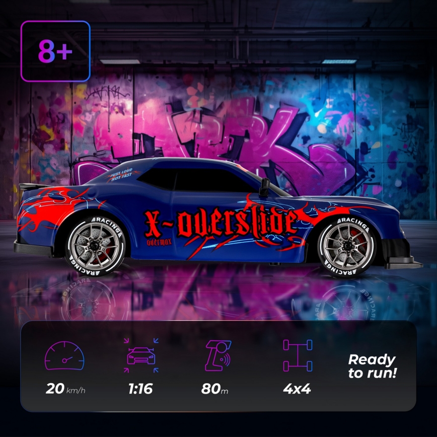 Overmax - Voiture de drift radiocommandée 2 en 1 X-OVERSLIDE 1000 mAh noir/vert/bleu/rouge