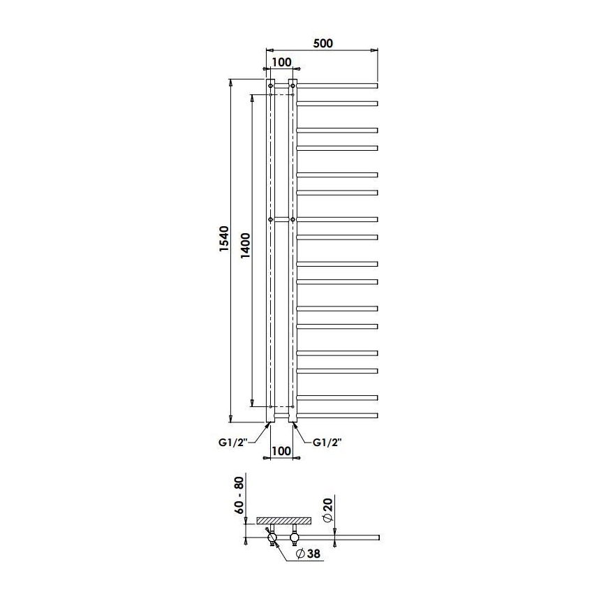 P.M.H. T2B-L - Handdoekradiator THEIA 352W 154 cm links/zwart