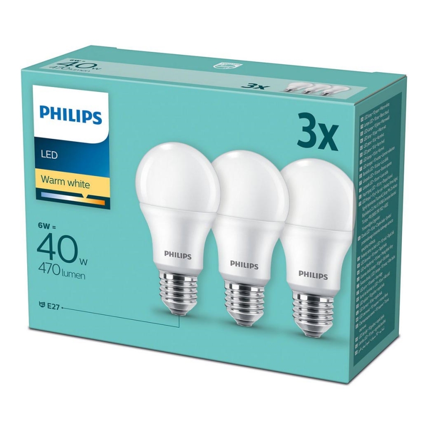 PACK 3x Ampoule LED Philips E27/6W/230V 2700K