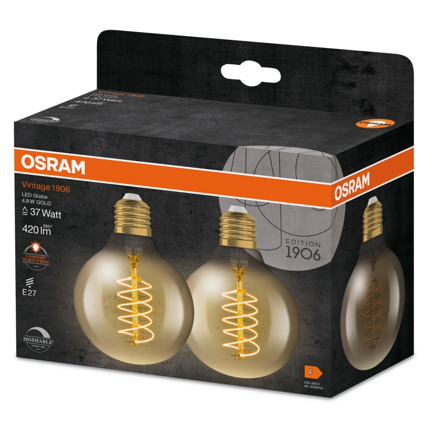 Pack de 2 ampoules LED dimmables à filament vintage E27/4,8W/230V 2200K - Osram