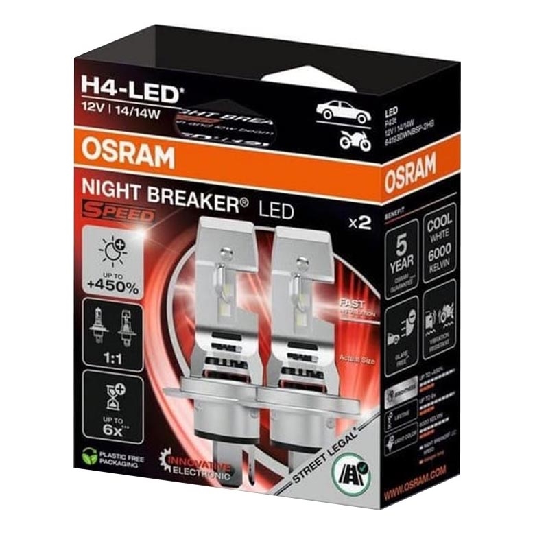 Pack de 2 ampoules LED pour voiture NIGHT BREAKER SPEED H4 P43T/14W/12V 6000K - Osram