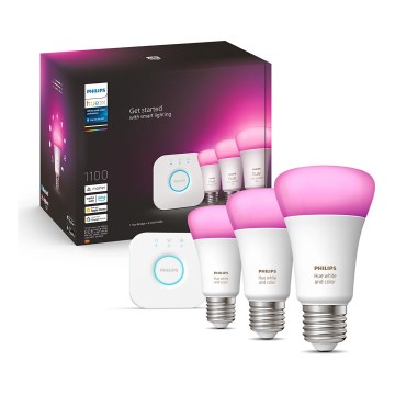 Pack de démarrage Philips Hue WHITE AND COLOR AMBIANCE — 3 ampoules E27 9W 230V 2000–6500K + pont Hue
