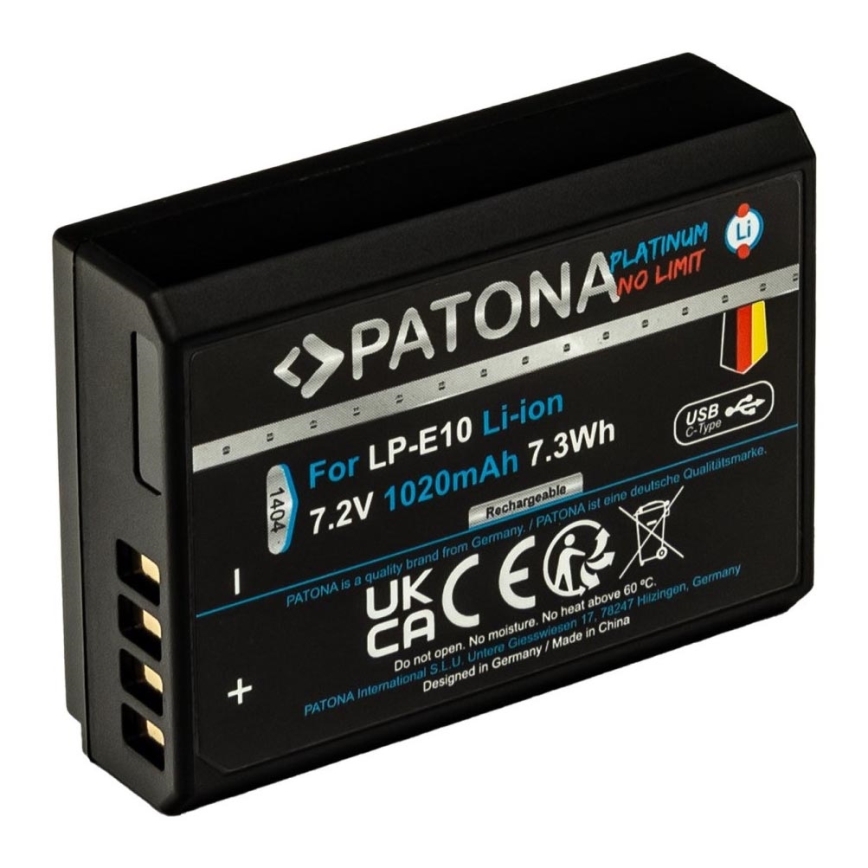 PATONA - Accu Canon LP-E10 1020mAh Li-Ion Platinum USB-C opladen