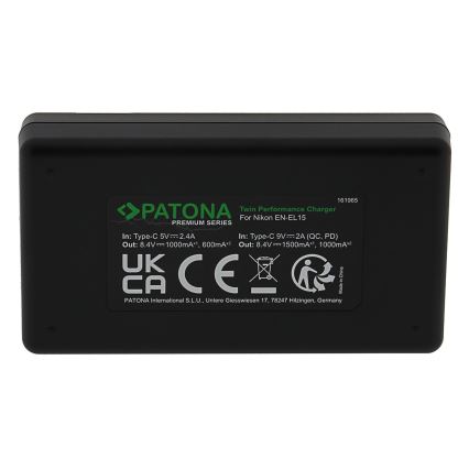 PATONA - Chargeur rapide Dual Nikon EN-EL15/EN-EL15C + câble USB-C 0,6m