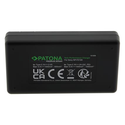 PATONA - Chargeur rapide Dual Sony NP-FZ100 + câble USB-C 0,6m