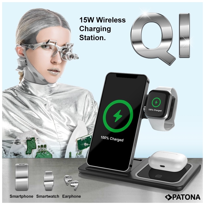 PATONA -Draadloze Oplader 3in1 voor iPhone zwart