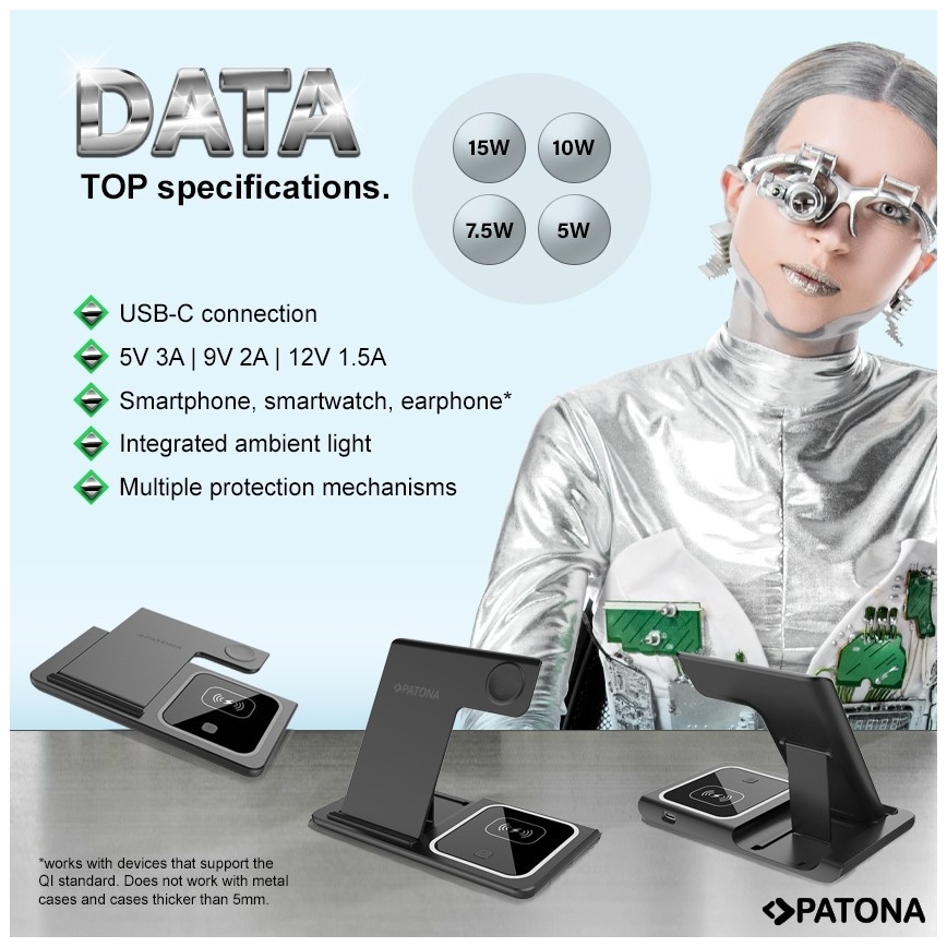 PATONA -Draadloze Oplader 3in1 voor iPhone zwart