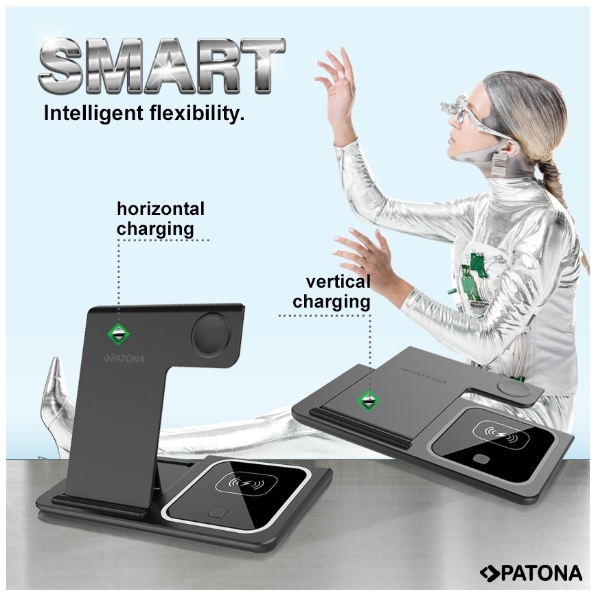PATONA -Draadloze Oplader 3in1 voor iPhone zwart