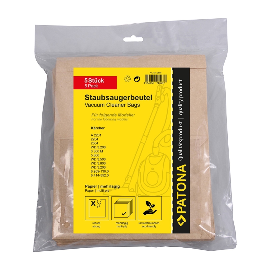 PATONA - Sacs pour aspirateurs  KÄRCHER WD3/A2201/2204/2504/3.300/5.800 papier - 5 pcs