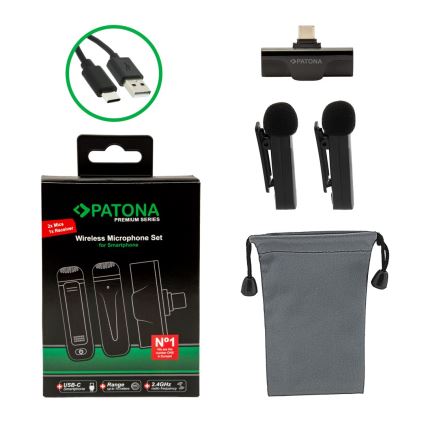 PATONA - SET 2x Draadloze microfoon met clip voor smartphones USB-C 5V 50 mAh