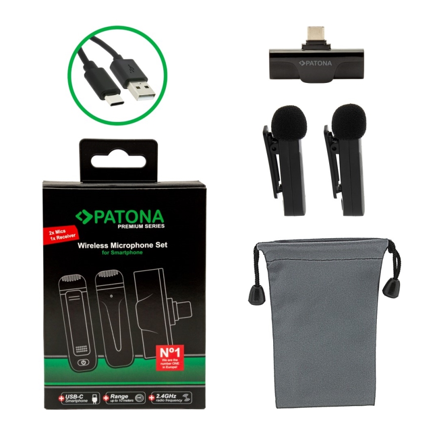 PATONA - SET 2x Draadloze microfoon met clip voor smartphones USB-C 5V 50 mAh