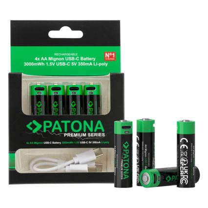PATONA - SET 4x Accu AA/LR6 Li-Pol 2000mAh 1,5Vs met USB-C opladen