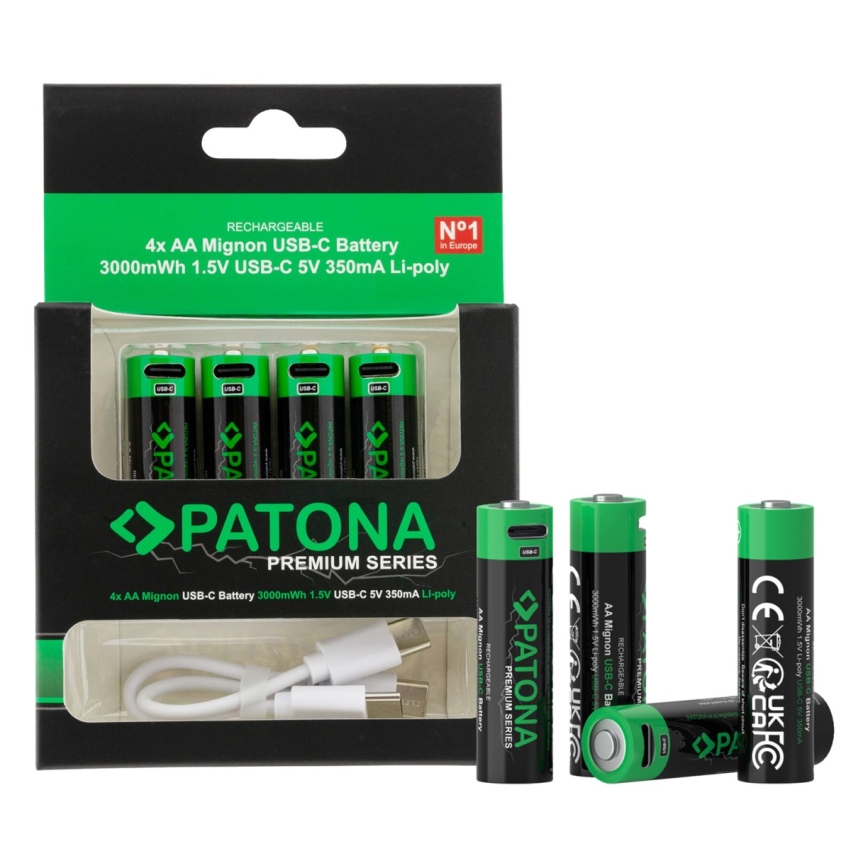 PATONA - SET 4x Accu AA/LR6 Li-Pol 2000mAh 1,5Vs met USB-C opladen