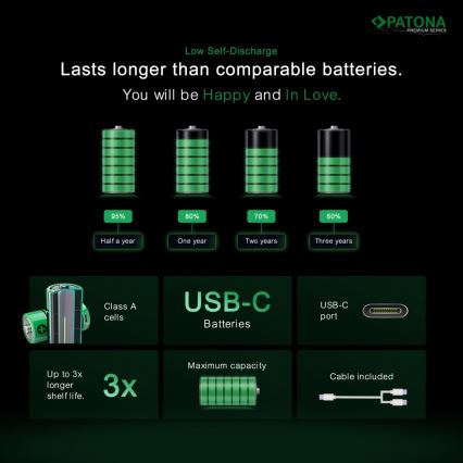 PATONA - SET 4x Accu AA/LR6 Li-Pol 2000mAh 1,5Vs met USB-C opladen