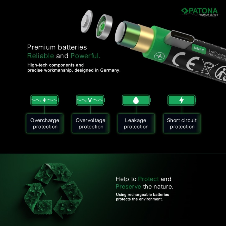 PATONA - SET 4x Accu AA/LR6 Li-Pol 2000mAh 1,5Vs met USB-C opladen
