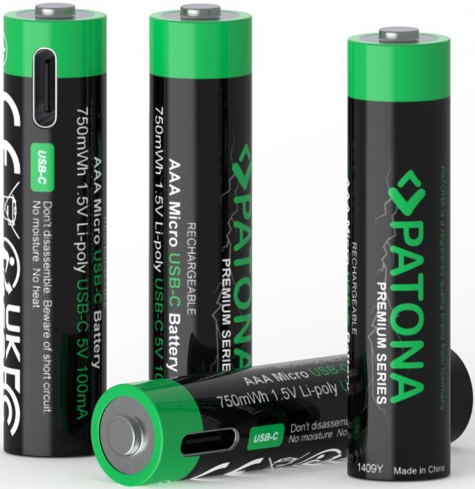 PATONA - SET 4x Accu AAA/LR03 Li-Pol 500mAh 1,5V met USB-C opladen
