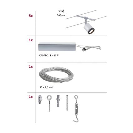 Paulmann 3981 - KIT complet TUBE, système de suspension par câble 230 V, 5× LED de 4 W, chrome mat/noir