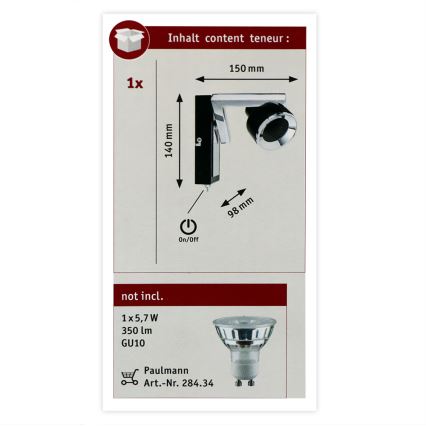 Paulmann 66670 - 1xGU10/10W Wandspot TURN 230V zwart